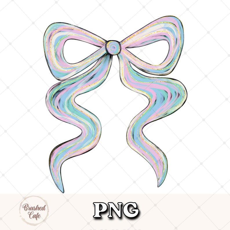 Puede incluir: Un lazo estilo acuarela en tonos pastel de azul, rosa y amarillo con detalles dorados. El lazo tiene un nudo central y cintas largas y fluidas. La palabra "PNG" se muestra en negrita.