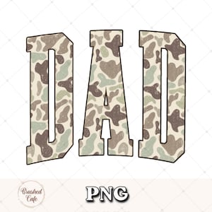 May include: The word "DAD" in a bold, block letter font. The letters are filled with a camouflage pattern in shades of brown, green, and beige. The word is outlined in a darker brown. Below the word is the text "PNG".