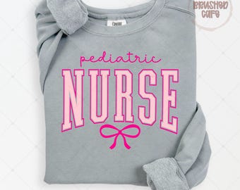 Pediatric Nurse Pink Bow Varsity Design: Coquette PNG SVG (Digital Download)