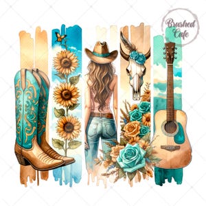 Western Cowgirl PNG - Trendy Western PNG - Cowboy Boots Clipart - Western Türkis Sonnenblume PNG - Country Girl Brushstroke Sublimation