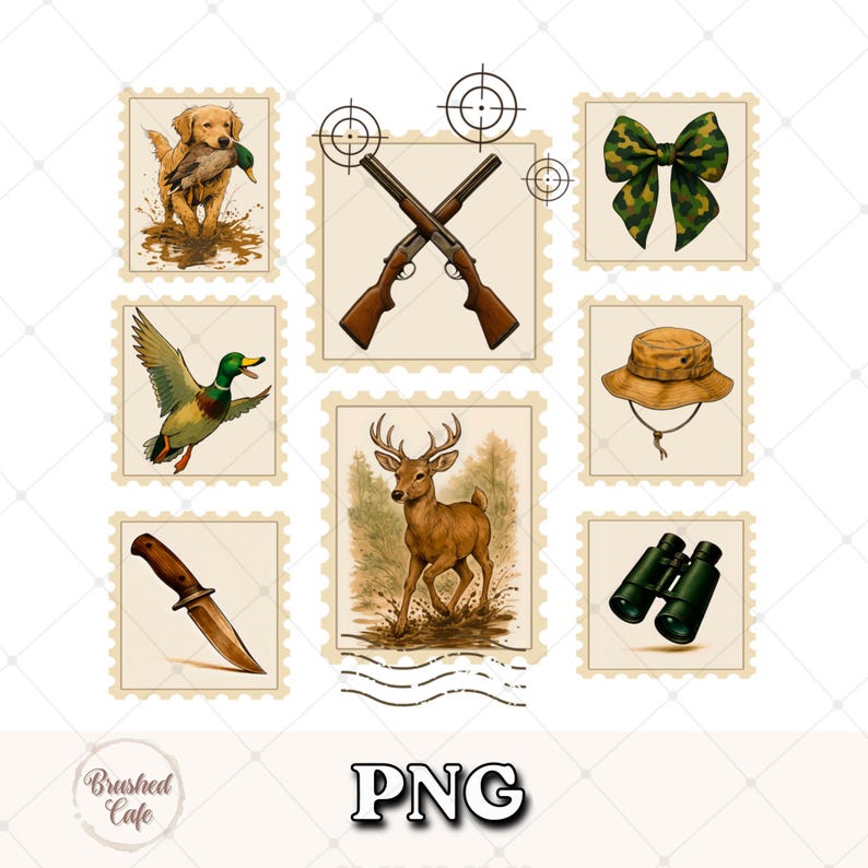 Peut inclure: Ensemble de timbres-poste de style vintage avec des illustrations de chasse. Les timbres repr&eacute;sentent un golden retriever avec un canard, des fusils crois&eacute;s, un n&oelig;ud vert camouflage, un canard en vol, un cerf, un chapeau de chasse, un couteau et des jumelles. Le mot "PNG" est &eacute;galement visible.