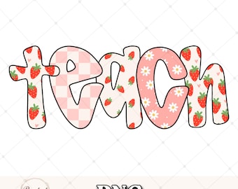 Strawberry Teach PNG: Design de camisa xadrez floral para professor (download digital)