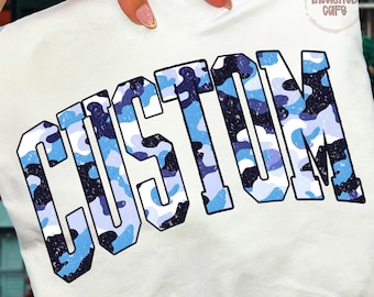 Custom Camo Name PNG: Blue Camo Distressed Varsity Font (Digital Download)