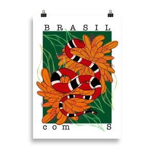 May include: A poster with the word "BRASIL" at the top and "COM" at the bottom. A red, black, and white snake is curled around orange flowers on a green background.