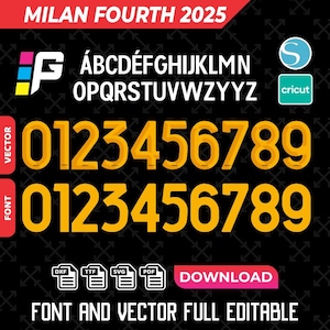May include: A digital download of a font and vector graphic featuring the numbers 0-9 in a bold, yellow, 3D style. The text "MILAN FOURTH 2025" is at the top of the image. The text "FONT AND VECTOR FULL EDITABLE" is at the bottom of the image.