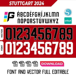 Könnte beinhalten: Ein digitaler Download einer Schriftart und einer Vektordatei für die Zahlen 0-9 in Schwarzweiß. Die Schriftart ist in einem fetten, serifenlosen Stil. Das Bild enthält auch die Buchstaben des Alphabets im gleichen Stil. Der Text "STUTTGART 2024" befindet sich oben im Bild. Der Text "FONT AND VECTOR FULL EDITABLE" befindet sich unten im Bild.