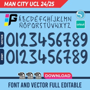 Man City jersey lettertype vector 2024 UCL pdf, svg, ttf