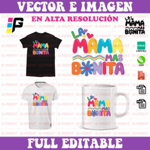 Könnte beinhalten: Ein digitales Design mit dem Text "La Mama Mas Bonita" in bunten Buchstaben mit Blumen- und Regenbogenakzenten. Das Design ist auf einem schwarzen T-Shirt, einem weißen T-Shirt und einer weißen Tasse zu sehen.