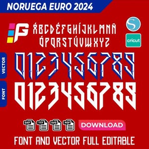 Puede incluir: Un fondo rojo con una fuente blanca que dice "NORUEGA EURO 2024". La fuente es de estilo negrita y en bloque. Debajo del texto hay un alfabeto y números blancos en el mismo estilo. Los números también se muestran en azul y blanco con un fondo rojo. El texto "FONT AND VECTOR FULL EDITABLE" está en la parte inferior de la imagen.
