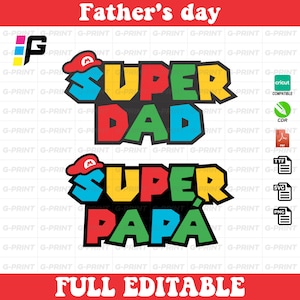 Puede incluir: Un diseño gráfico colorido para el Día del Padre, con las palabras "SUPER DAD" y "SUPER PAPA" en letras gruesas. El diseño incluye un sombrero rojo y blanco, y las palabras están delineadas en negro. La frase "FULL EDITABLE" está en la parte inferior.