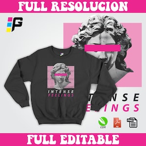 May include: A black sweatshirt with a graphic print of a bust of a woman with a pink stripe over her eyes. The text "INTENSE FEELINGS" is printed below the image.