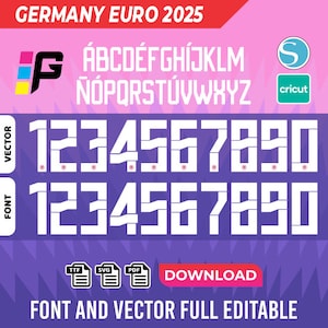 May include: A white font and vector graphic design for the numbers 1 through 9 and 0. The font is bold and blocky. The numbers are outlined in pink and have a pink heart in the centre. The text "GERMANY EURO 2025" is at the top of the image. The text "FONT AND VECTOR FULL EDITABLE" is at the bottom of the image.