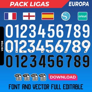May include: A set of white and black numbers 0-9 in three different styles. The numbers are on a blue background with the text "PACK LIGAS" and "EUROPA" at the top. The text "FONT AND VECTOR FULL EDITABLE" is at the bottom. The image also includes logos for France, England, Spain, Cricut, and a generic sports logo.
