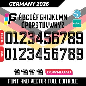 May include: A digital design with a black font and numbers, with the text "GERMANY 2026". Includes the alphabet, numbers 0-9, and file type icons. The design is in black and white with a German flag background.