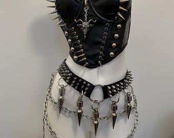 Gothic Spiked Vegan Leather Corset Top, Punk Studded Spikes Belt with Chains