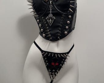Gothic Vegan Leather Spike Corset Lingerie: Punk Heavy Metal Outfit