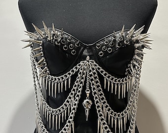 Spiked Vegan Leather Gothic Corset: Chain Tassel Bustier - Punk Rock Outfit