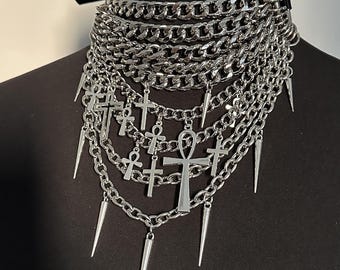 Gothic Choker Halskette, Layered Spike Kette Halsband mit Kreuzen, Handgemachte Alternative Goth Halskette