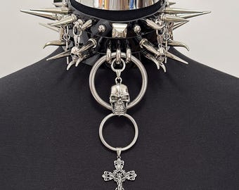 Spiked Goth Punk Choker: Patent Leather Skeleton Collar