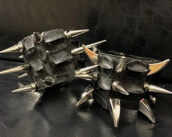 Spiked Crocodile Leather Cuff: Punk Rock Gothic Bracelet