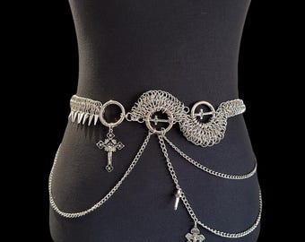 Gothic Chainmail Belt: Spiked Punk Rock Waist Chain with Cross Charms