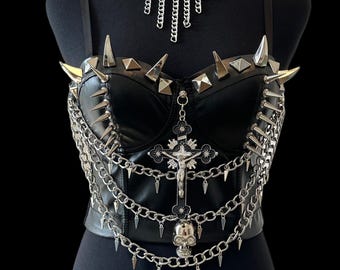 Gothic Spiked Faux Leather Bustier: Punk Rock Corset with Chains