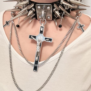 Extreme Spike Black Choker Punk Gothic necklace with Spike Studded choker Patent leather Cyberpunk collar, Goth Choker with Chain Pendants