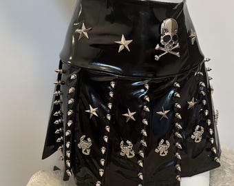 Gothic Punk Pleated Mini Skirt, Vegan Leather Skull Studded Festival Outfit
