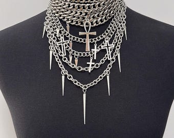 Mehrschichtiger Spiked Kettenkragen mit Kreuzen, Gothic Choker-Halskette, handgemachte Alternative Goth-Halskette