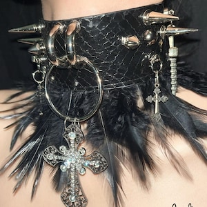 Punk Leather Gothic necklace Spike Studded Choker with Feathers, Black Choker Punk Cyberpunk Metal Choker collar, Goth Choker jewelry collar