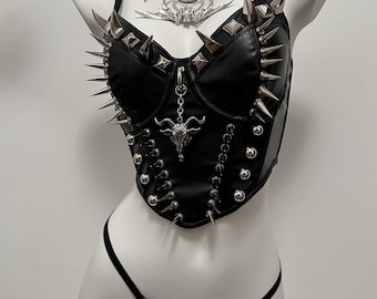 Gothic Vegan Leather Spike Corset Lingerie: Punk Metal Stud Outfit
