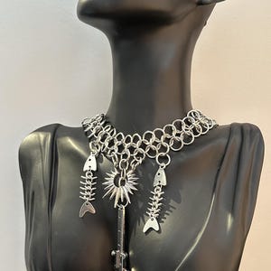 Stainless Steel Chainmail Choker Necklace With Fishbone Pendant Rock style necklace Gothic choker,