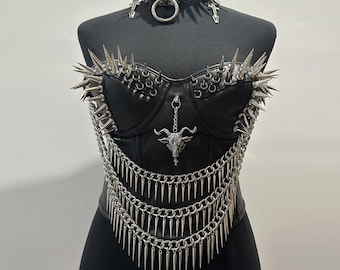 Spiked Vegan Leather Gothic Corset: Chain Tassel Bustier Corset Top