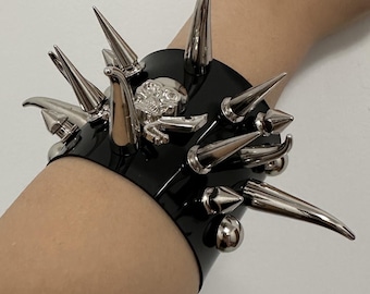 Black Punk Spiked Studded Patent Leather Bracelet: Custom Cuff