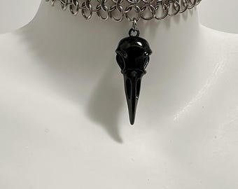 Gothic Bird Skull Choker , Handmade Stainless Steel Chainmail Necklace, Titanium Pendant, Dark Punk Jewelry