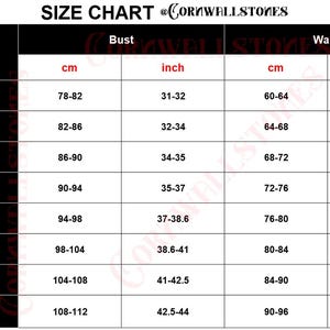 May include: Size chart with bust and waist measurements in inches and centimeters. Measurements range from XS/32B to 4XL/50F. Bust measurements range from 31 to 44 inches (78 to 112 cm), and waist measurements range from 24 to 38 inches (60 to 96 cm).