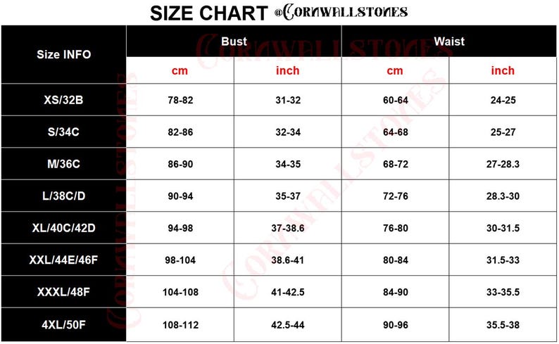 May include: Size chart with bust and waist measurements in inches and centimeters. Measurements range from XS/32B to 4XL/50F. Bust measurements range from 31 to 44 inches (78 to 112 cm), and waist measurements range from 24 to 38 inches (60 to 96 cm).