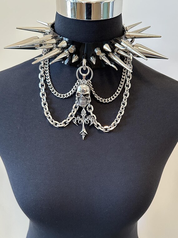 Spike Studded Choker: Punk Goth Patent Leather Necklace With
