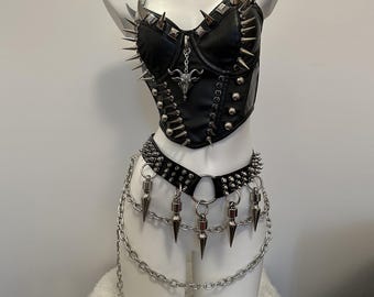 Gothic Spiked Vegan Leather Corset Top, Punk Studded Spikes Belt with Chains