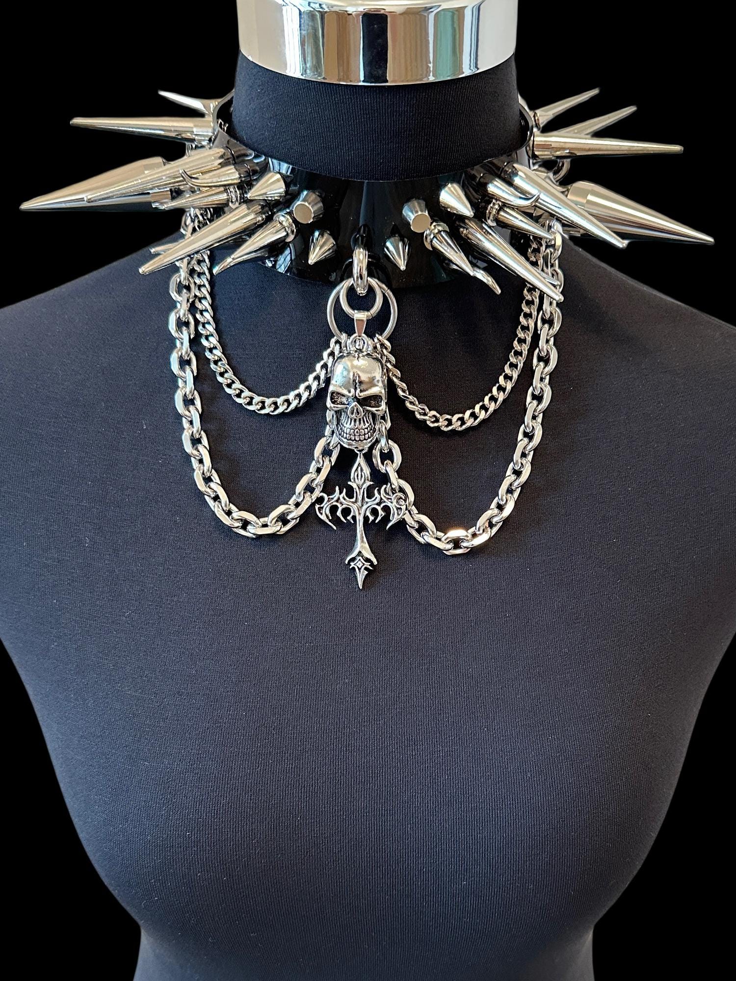 Spike Studded Choker: Punk Goth Patent Leather Necklace With