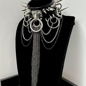 Punk Leather Gothic necklace Spike Studded choker with chain tessel , Leather Cyberpunk Metal Choker collar, Goth Choker with Chain jewelry