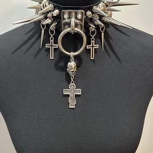 Spiked Choker Black Punk Gothic Spiked necklace with Studded Patent leather Cyberpunk collar, Goth Choker with Pendants Choker Unisex
