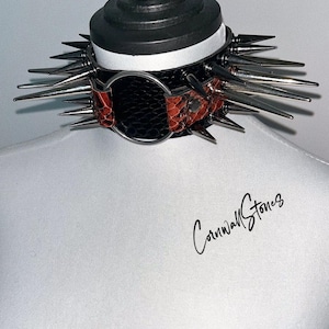 Spiked choker with Leather Spikes Punk Gothic Choker ,Handmade Spiked gothic Snake-print studded metal collar Choker Necklace