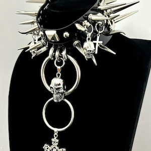 Goth Punk Necklace with Spikes Gothic Choker, Patent leather Skeleton Choker, Gothic Studded Metal Collar Black Metal Inspired Collar