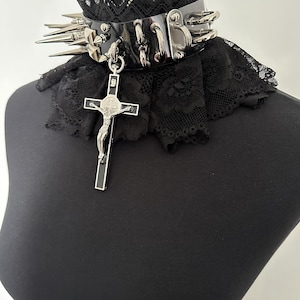 Black Choker Punk Gothic necklace with Spike choker ,Patent leather lace Scarf collar, Goth Choker with Crucifix collar Pendants jewelry