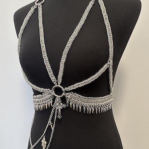 Chainmail Chain Harness Gothic Punk Body Chain Harness ,Silver Metal Spiked Waist Chain Top Cross , Festival Rave Costume Body Jewelry