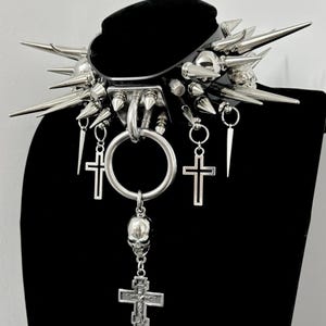 Extreme Spiked Choker Black Choker Punk Gothic necklace with Studded Patent leather Cyberpunk collar, Goth Choker with Pendants Choker