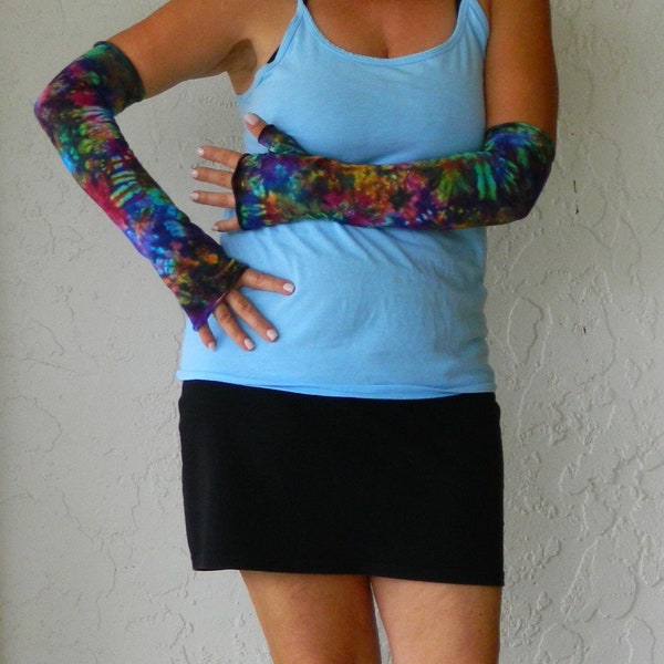 Tiedyed Deep Electric Rainbow Arm Warmer Arm Sleeves with Partial Hand