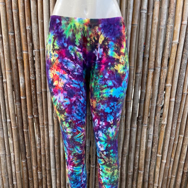 Tiedyed Cotton Spandex Leggings Hand Dyed and made in the USA in Deep Electric Rainbow color combo