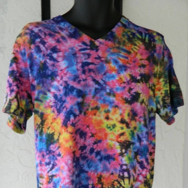 Unisex Super Soft V-neck Tiedyed Electric Rainbow Tee